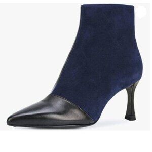 FSJ Navy Fashion Pointed Toe Ankle Booties Mid High Heels Shoes
